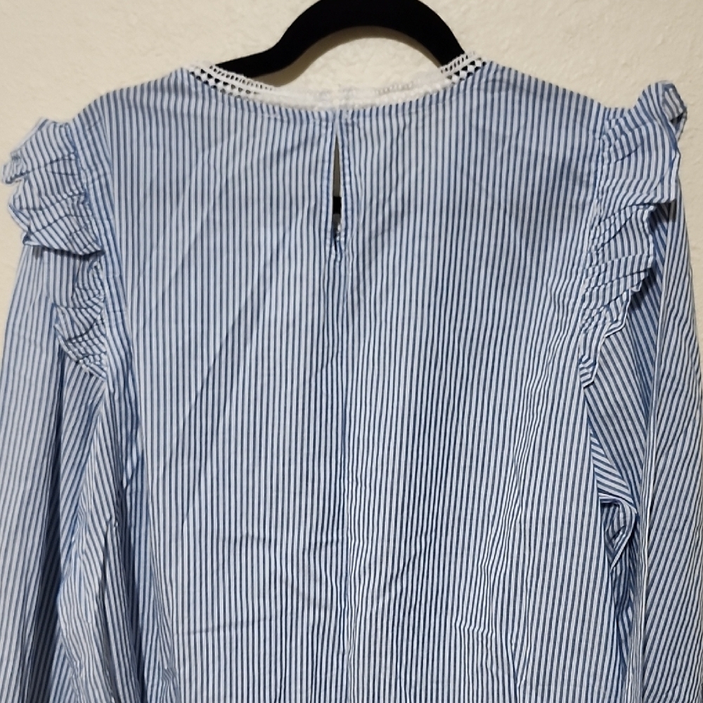 J. Crew Blue and White Ruffled Puff Sleeve Blouse - Picture 11 of 15